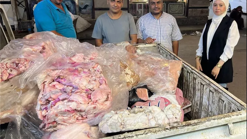 ضبط نصف طن مصنعات لحوم ودواجن مجهولة المصدر  غير صالحة للاستهلاك بقويسنا 