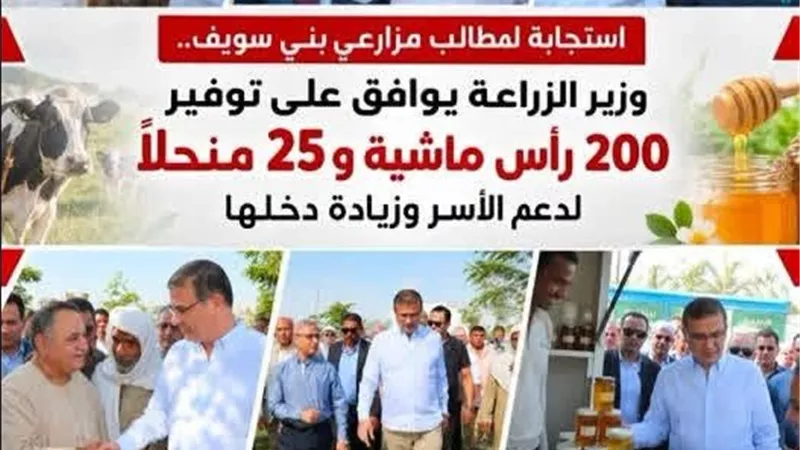 وزير الزراعة من إفوة ببني سويف: التوسع في القرية المنتجة لـ25 قرية.. ودعمها بـ200 رأس ماشية و25 منحلًا